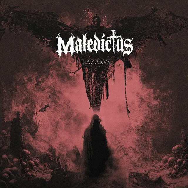 Capa do álbum Lazarvs: figura encapuzada diante de uma silhueta alada, em tons de vermelho e negro